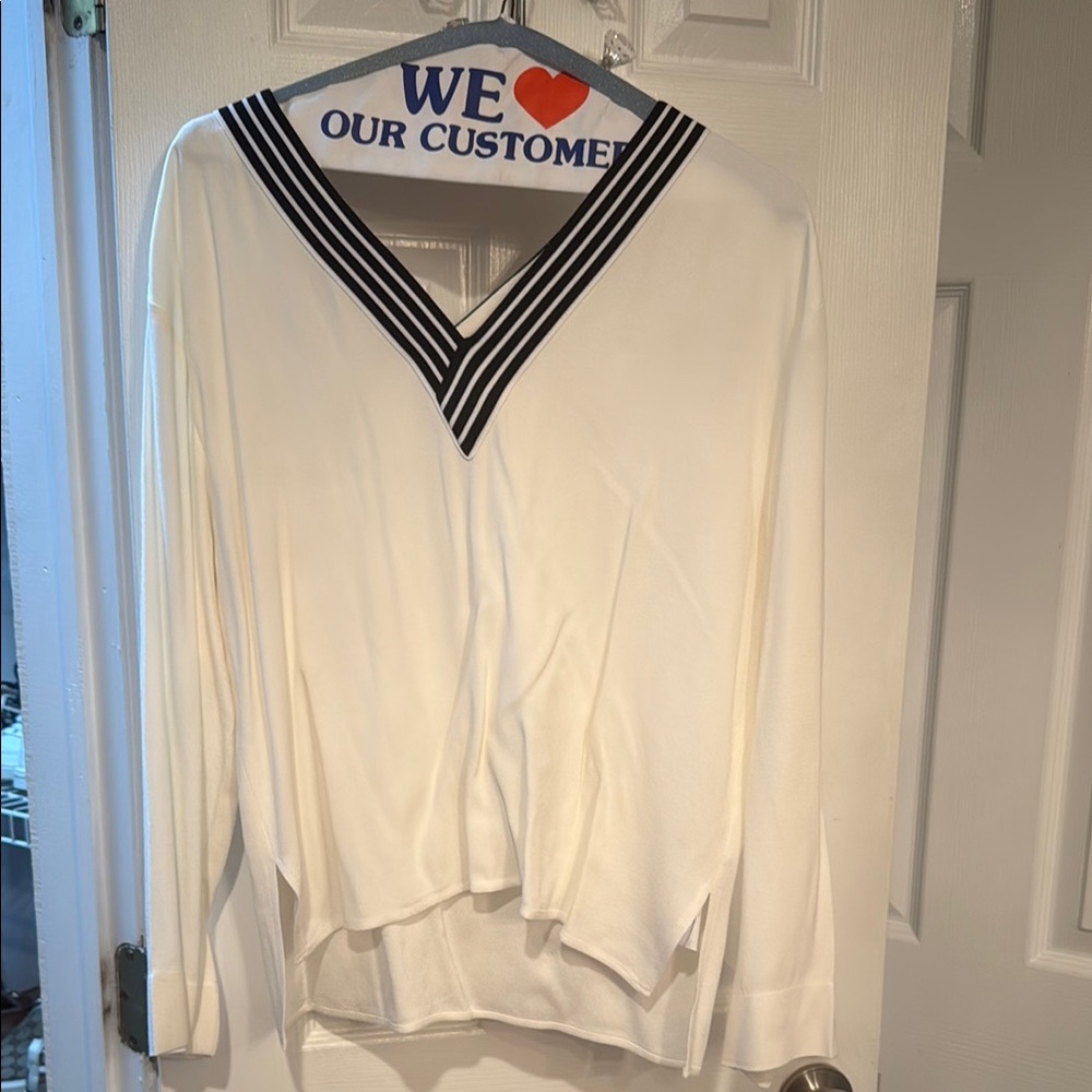 Maje Cream V-Neck Sweater with Black Trim